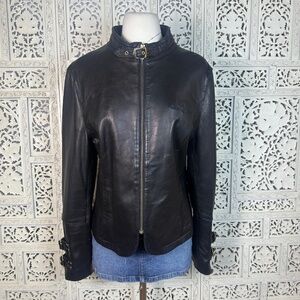Baby Phat Soft Black Leather Moto Grunge Buckle Zip Up Jacket Sz Large